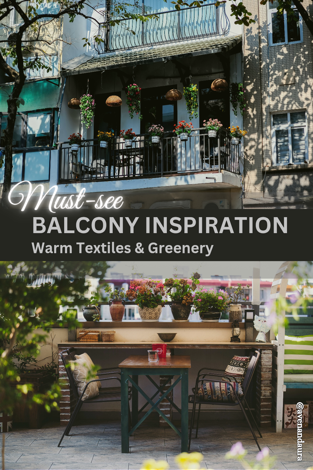 Cozy balcony with hanging plants and warm lighting